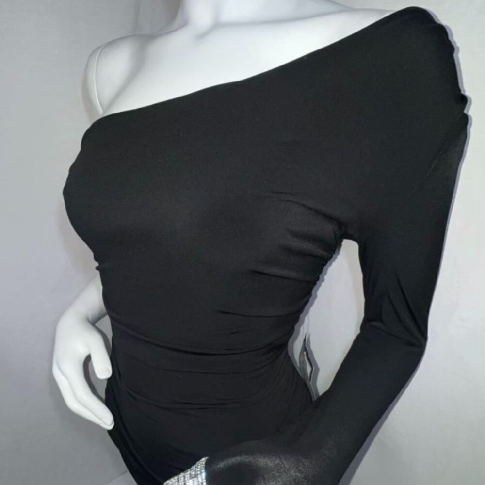 Womens City Studio Little Black Dress One Sleeve Silver Detail Size Small
